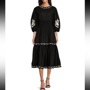 Fanm Mon Sundial Embroidered Short Sleeve Midi Dress Black/White NWT Sz Small